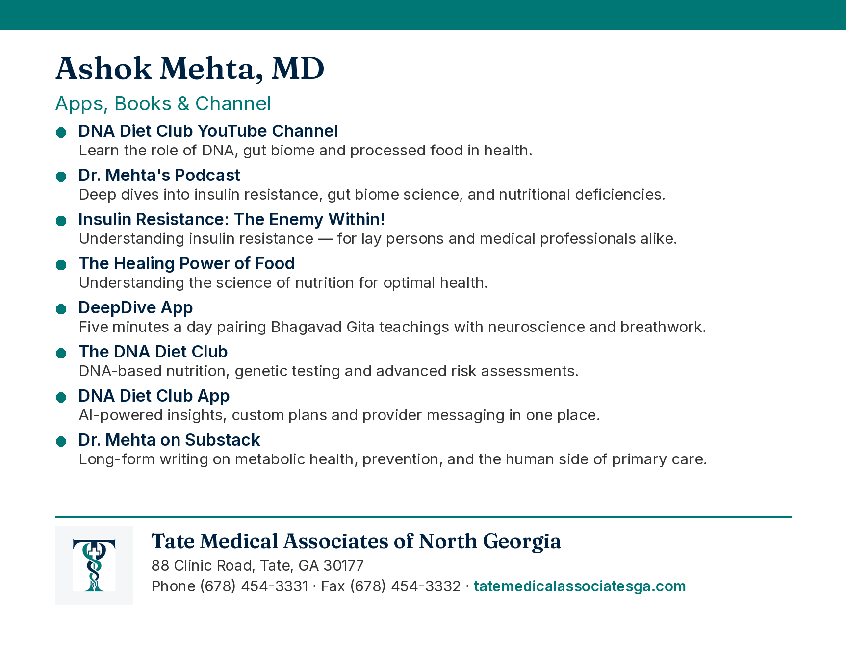 Back of the postcard listing Dr. Ashok Mehta's 8 resources with short descriptions and Tate Medical Associates contact information